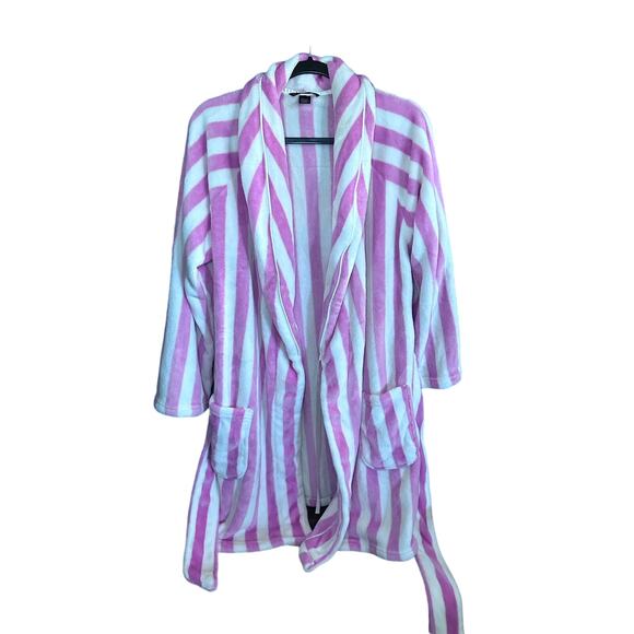 Victoria Secret Short Cozy Pink White Robe Iconic Striped Intimates Sleepwear - Picture 1 of 4